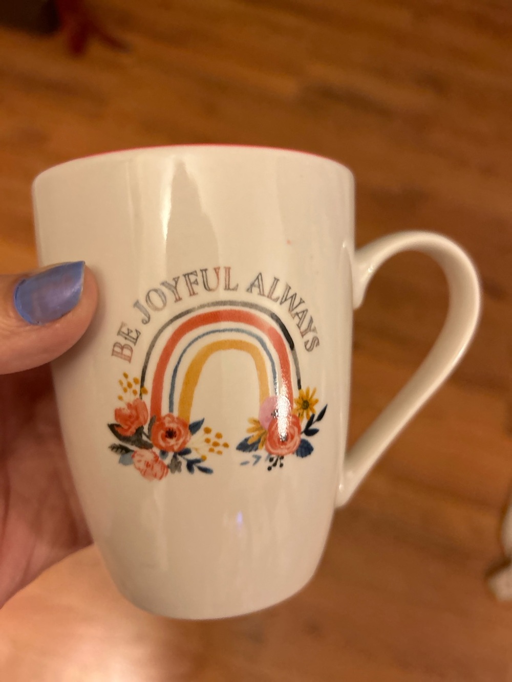 Be Joyful Always Ceramic Mug - Cream with Rainbow Floral Design